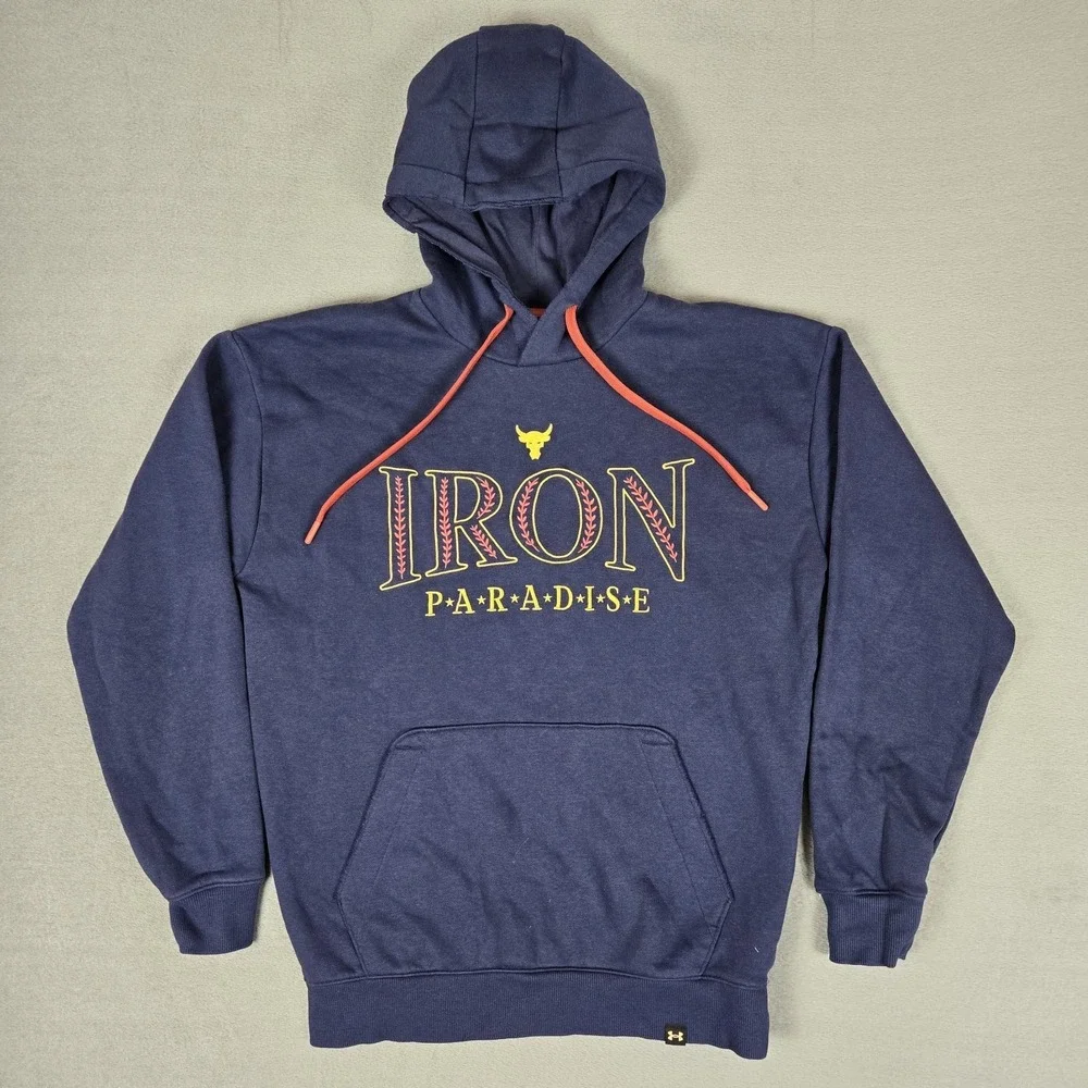 Under Armour Project Rock Hoodie Mens Small Blue Iron Paradise Bull Logo 1380115